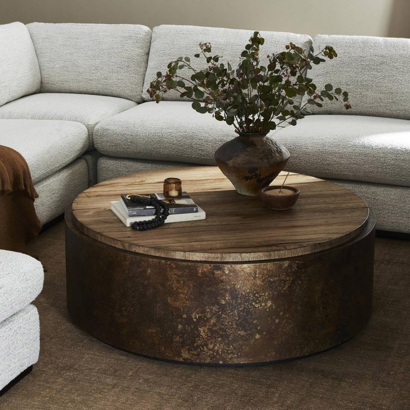 Drum Coffee Table Acid Wash Metal Oak Plank Top Rustic Modern