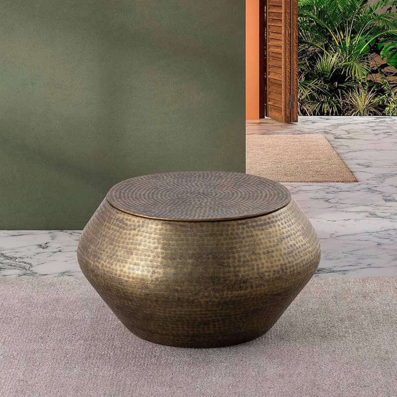Drum Coffee Table Bulbous Silhouette Hammered Metal Removable Lid