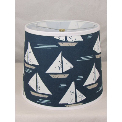 Drum Lampshade Sailboat Motif Distressed Print White Trim Coastal