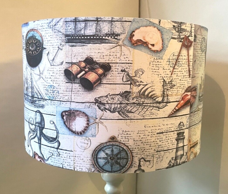 Drum Lampshade Sea Monster Motif Steampunk Vintage Script Nautical