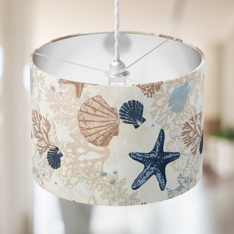 Drum Lampshade Starfish Print Seashell Motif Navy Coastal Lighting