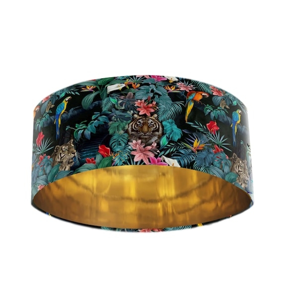 Drum Lampshade Tiger Jungle Pattern Teal Velvet Gold Mirror Lining