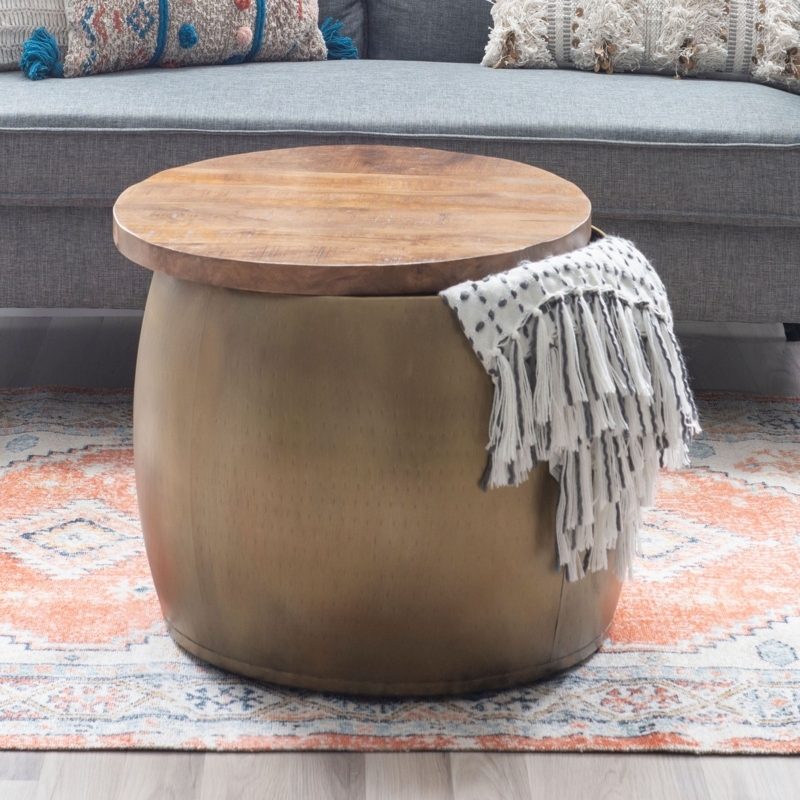 Drum Side Table Antique Gold Barrel Silhouette Wood Plank Top