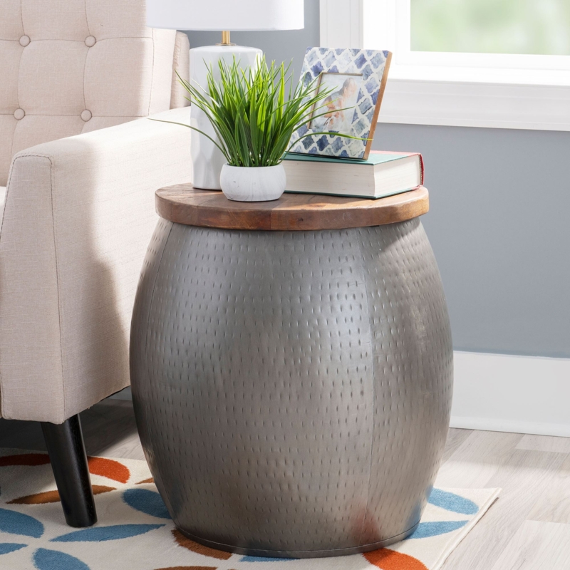 Drum Side Table Hammered Pewter Mango Wood Top Storage Barrel