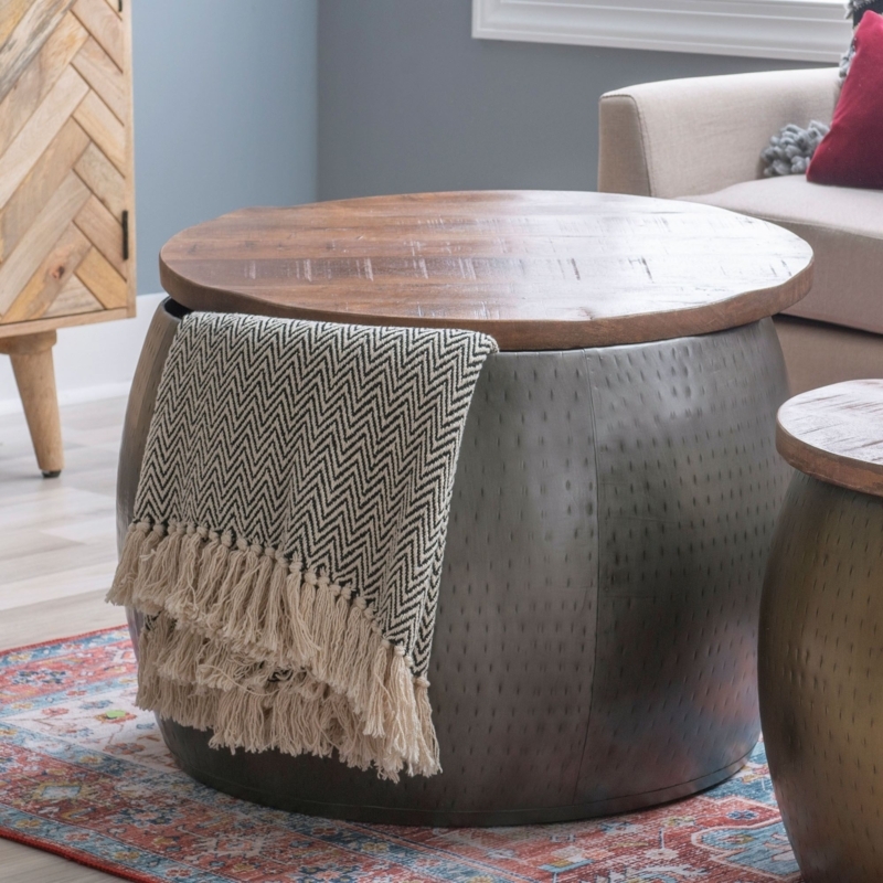 Drum Side Table Pewter Hammered Metal Mango Wood Lid Storage