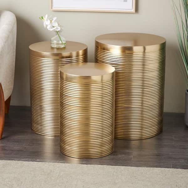 Drum Side Table Set Metallic Gold Ribbed Texture Graduated Heights