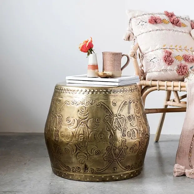 Drum Table Antiqued Gold Embossed Scrollwork Bohemian Accent