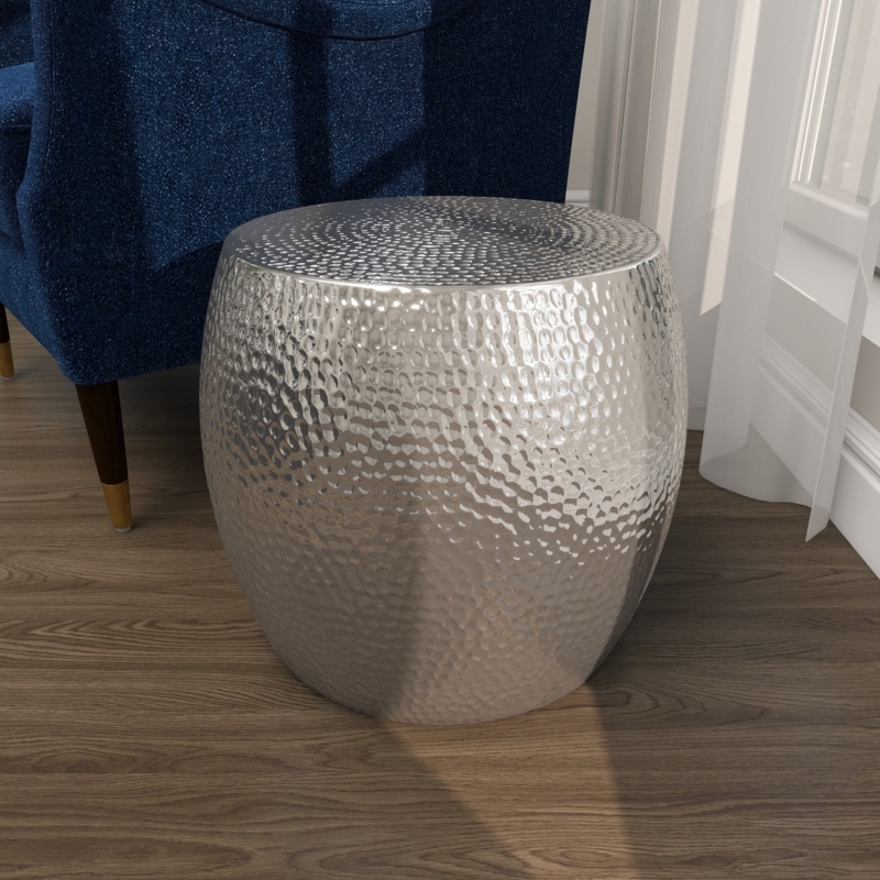 Drum Table Silver Metallic Hammered Polished Reflective Barrel