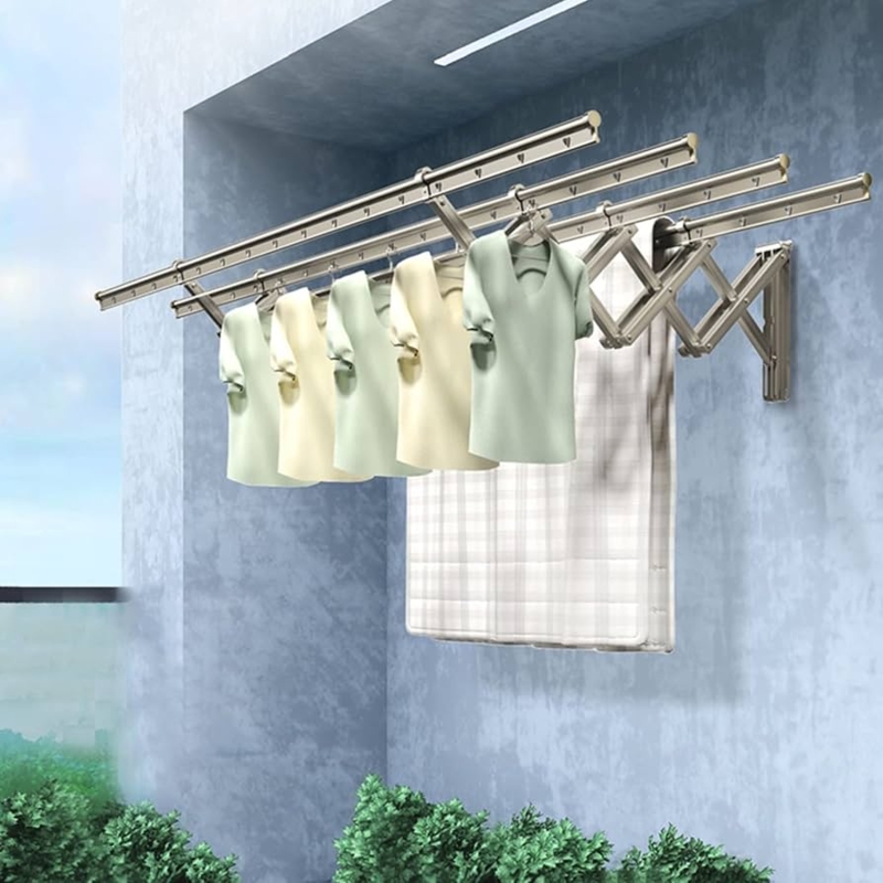Drying Rack: Brushed Silver Wall Mount Accordion with Windproof Holes.