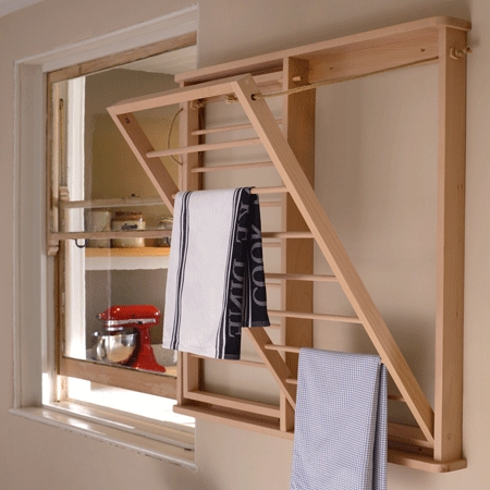 Drying Rack: Natural Wood Wall Mount Foldable Design with Cord Support.