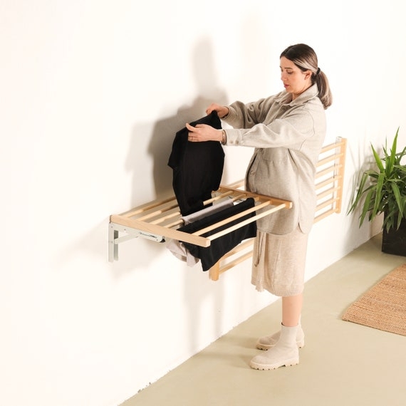 Drying Rack: Scandinavian Natural Wood Wall Mount Folding Slatted Design.