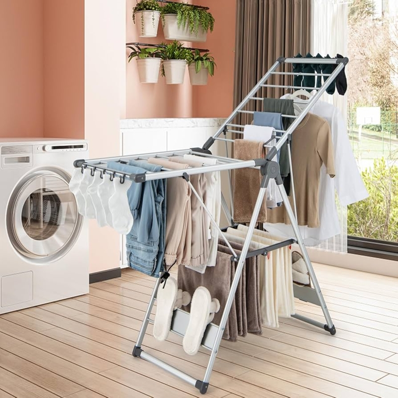 Drying Rack: Silver Aluminum Adjustable Wings with Integrated Shoe Hooks.