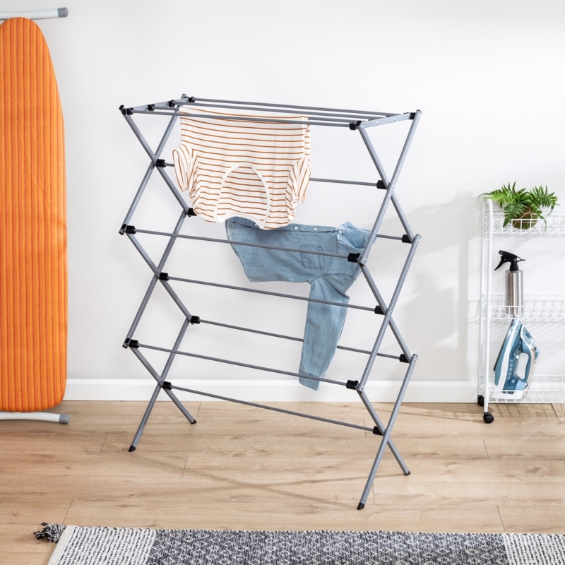 Drying Rack: Slate Grey Metal Freestanding Three-Tier Accordion Design.