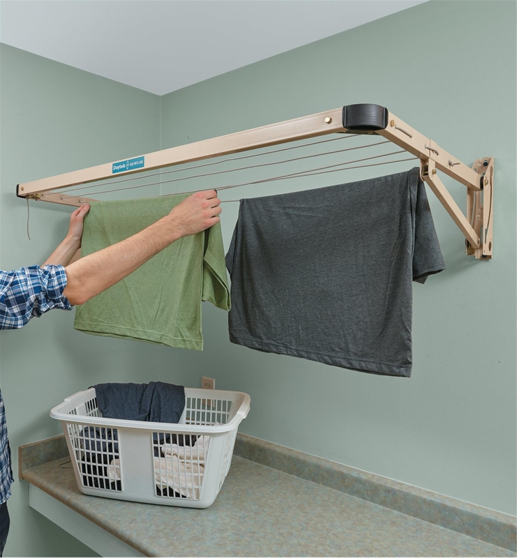 Drying Rack: Wall Mounted Folding Cream Beige Frame, Multi-Line Capacity.