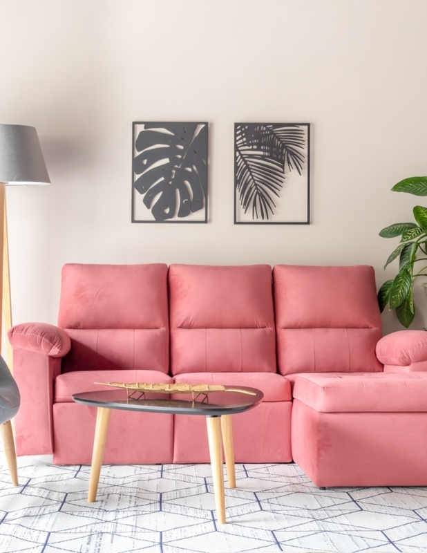 Dusty Rose Pink Sectional Sofa featuring a Chaise Lounge Extension