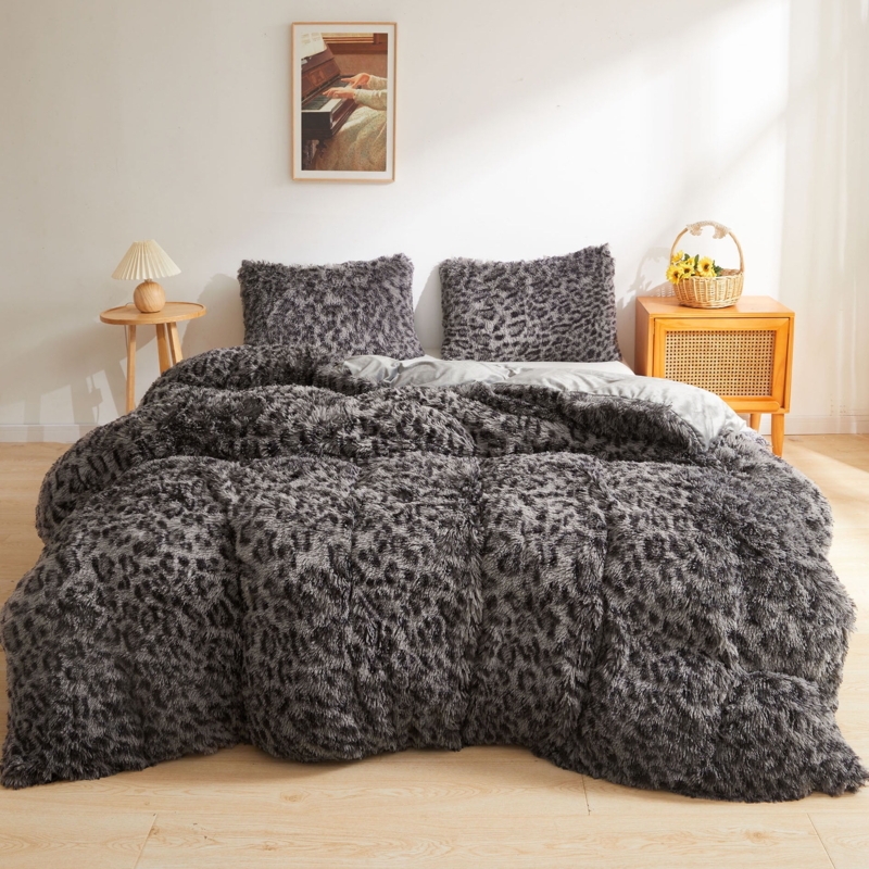 Duvet Cover Set Grey Cheetah Print High Pile Fur Fuzzy Texture Bedding