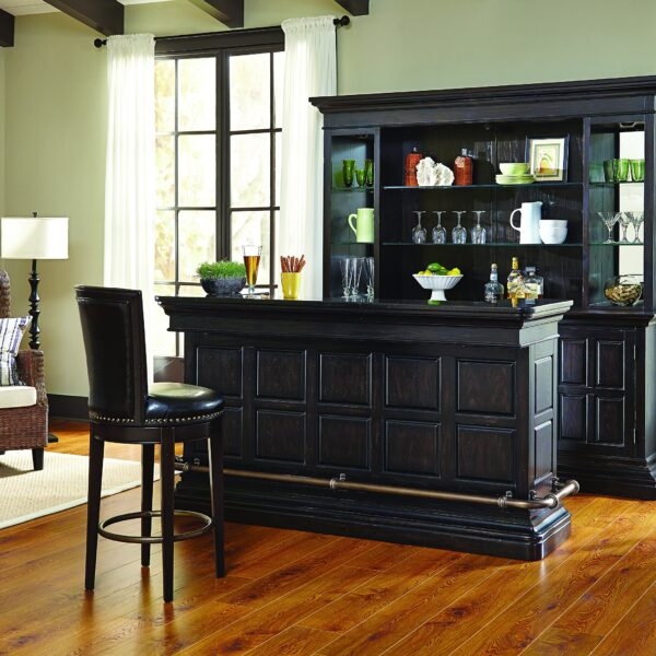 Ebony Home Bar Hutch Recessed Paneling and Nailhead Trim