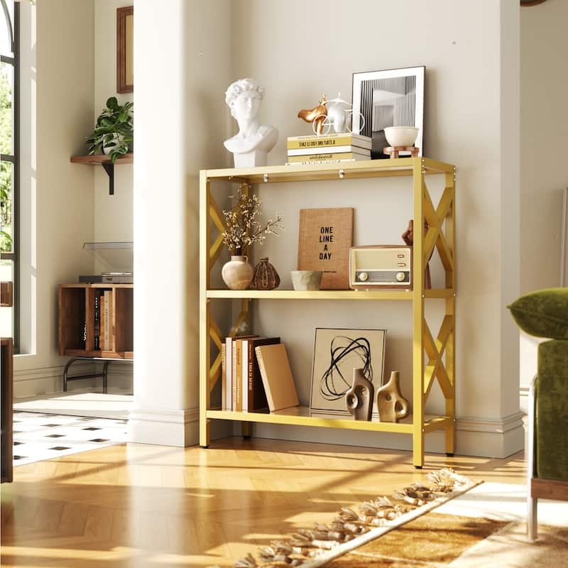 Eclectic Bookshelf: Mustard Finish with X-Frame Sides & Glass Tiers