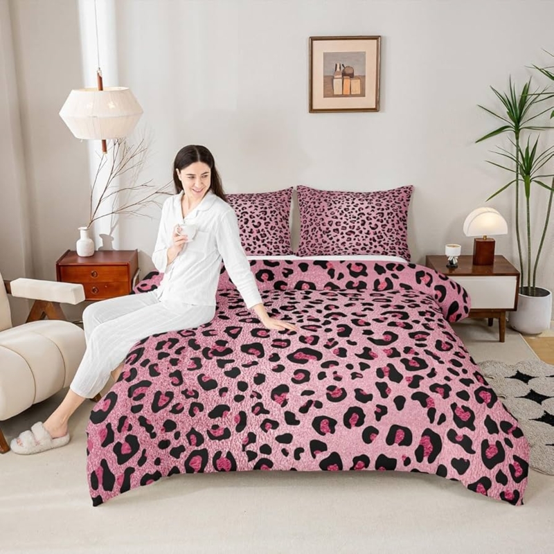 Eclectic Comforter Set with Vibrant Pink Leopard & Mid-Century Decor