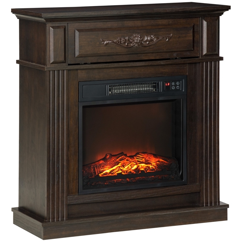 Electric Fireplace Dark Brown with Floral Carving and Fluted Pilasters