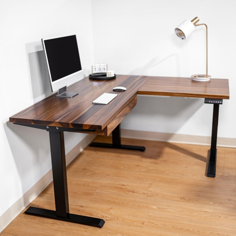 Electric L-Shaped Standing Desk: Three-Leg Base, Integrated Drawer