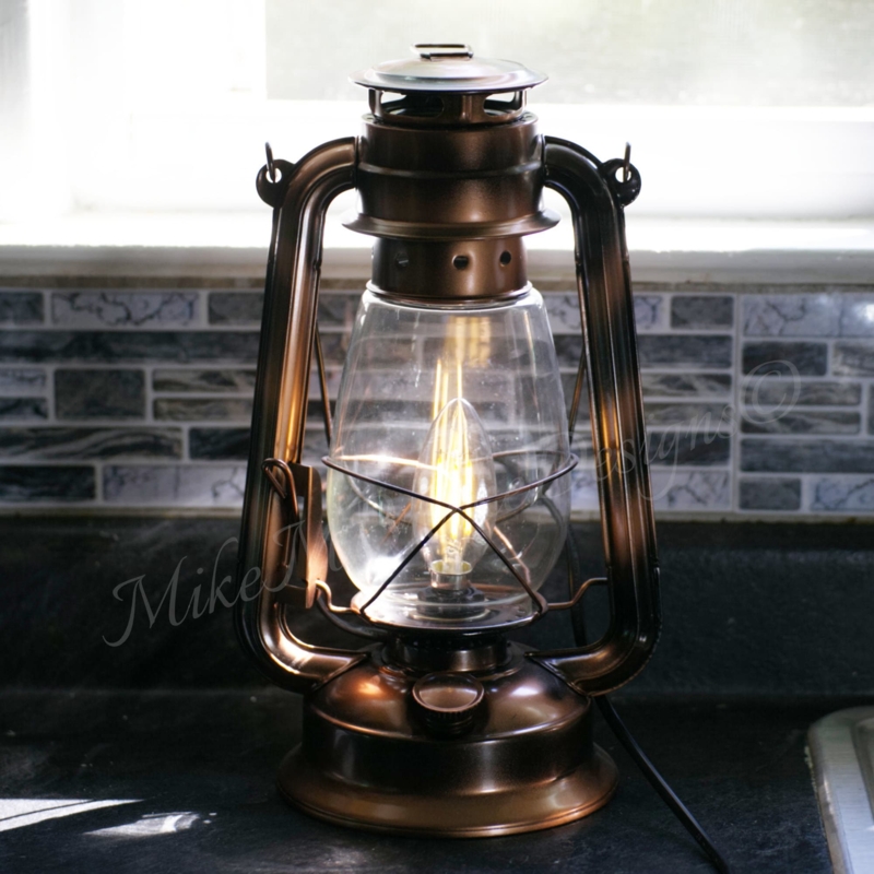 Electric Lantern Table Lamp Antiqued Copper-Bronze Control Knob