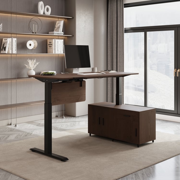 Electric Standing Desk: Wood Toned Finish, Integrated Storage Cabinet