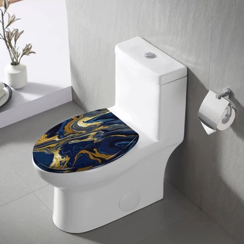 Elegant Blue Marble & Gold Resin Toilet Seat with Quiet Close Hinges  Decorative & Easy Install in Stock|