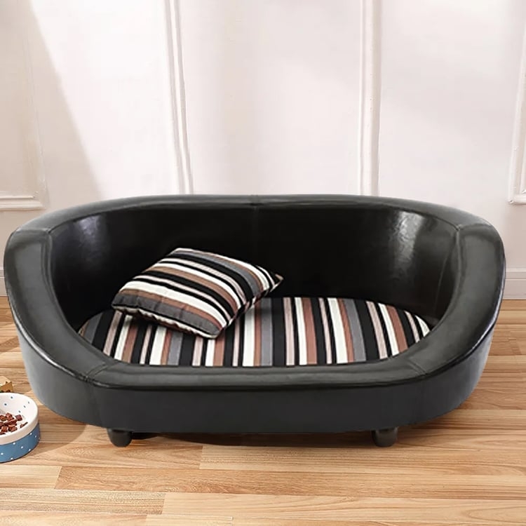 Elevated Dog Bed with Wraparound Back and Striped Cushion