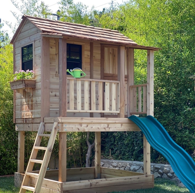 Elevated Wooden Playhouse with Teal Slide & Sandbox Base