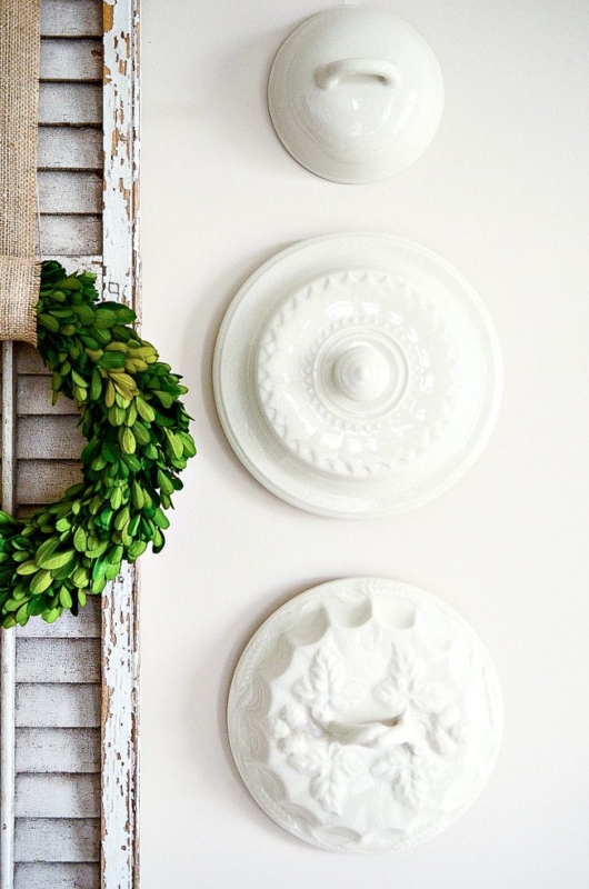Embossed Ceramic Lids in Vertical Stack with Distressed Shutter Pairing