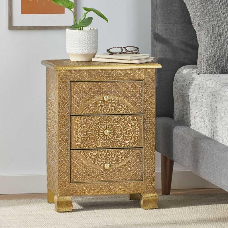 Embossed Gold Nightstand Floral Relief Mandala Motif Bohemian