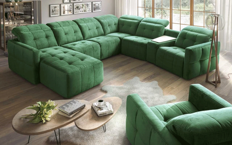 Emerald Green Tufted Sectional with Adjustable Headrests and Integrated Side Table