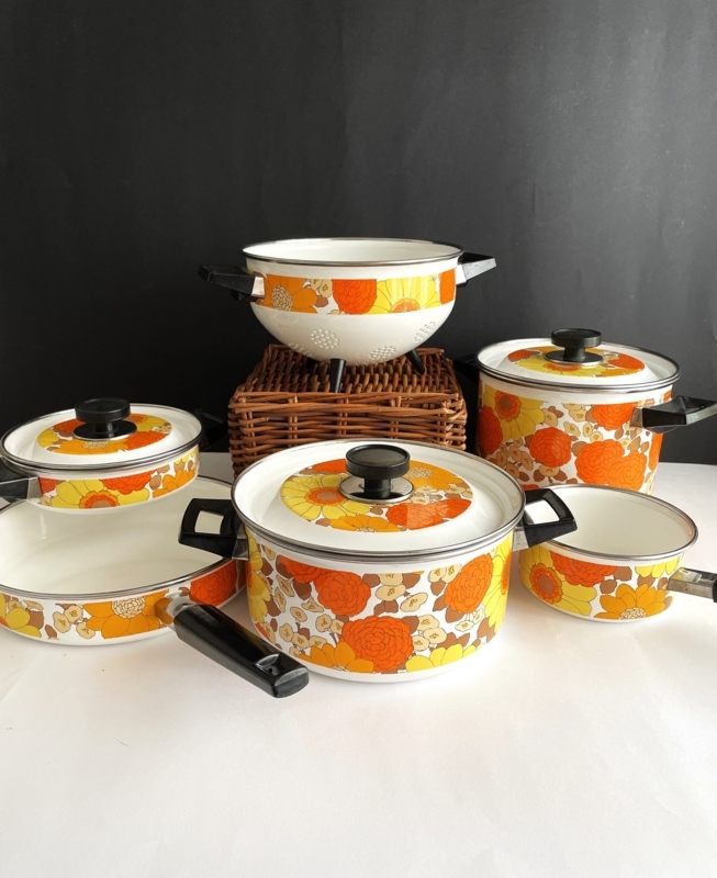 Enamel Cookware Set with Retro Floral Print and 70s Style Palette