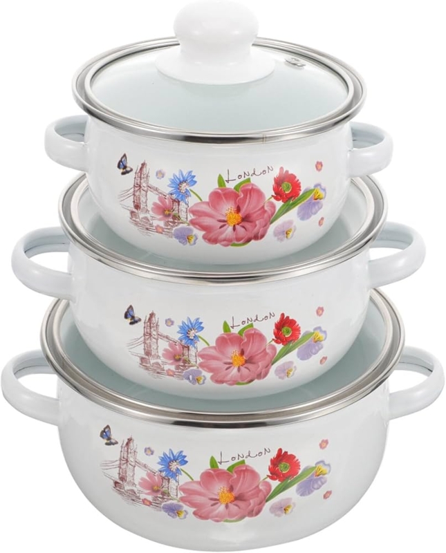 Enamel Stockpot Set with London Floral Graphic and Vented Glass Lids