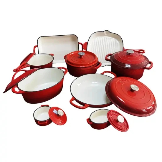 Enameled Cookware Set in Vibrant Red featuring an Oval Dutch Oven