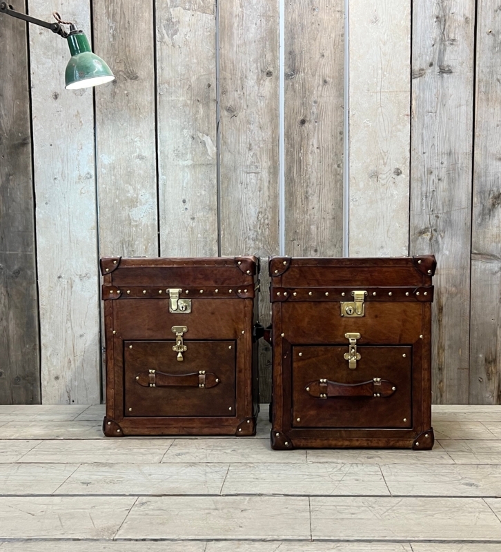 End Table Pair Campaign Hardware Studded Trim Tobacco Brown Leather