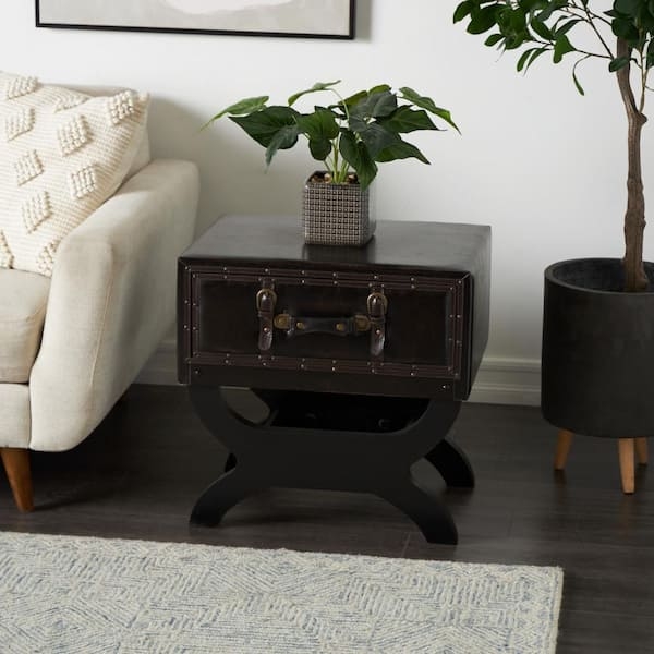 End Table Suitcase Drawer Curved X-Base Rivet Detailing Dark Brown
