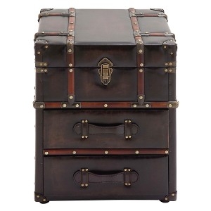 End Table Trunk Aesthetic Two Drawers Strap Handles Espresso Leather