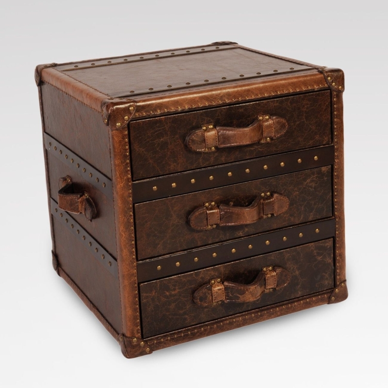End Table Trunk Design Three Drawers Distressed Finish Mahogany Leather