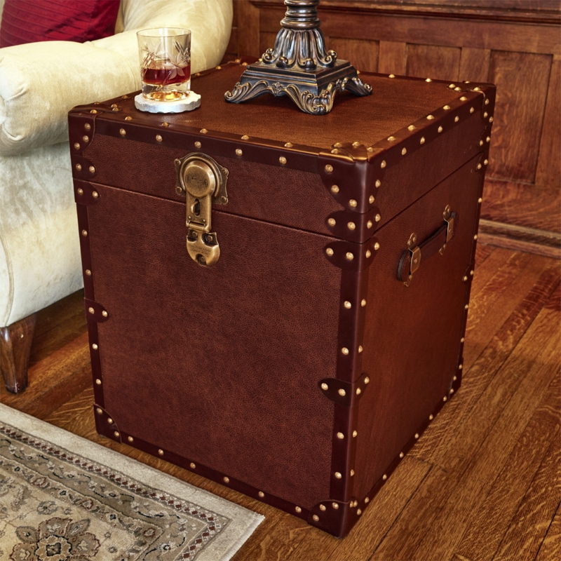 End Table Trunk Full Grain Leather Pebbled Texture Riveted Trim Latch