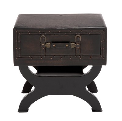 End Table Trunk Inspired X-Frame Base Buckle Accents Brown Leather
