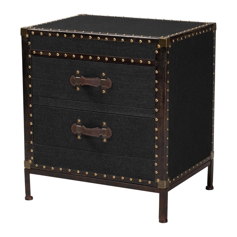 End Table Trunk Matte Black Canvas Texture Nailhead Trim Two Drawers