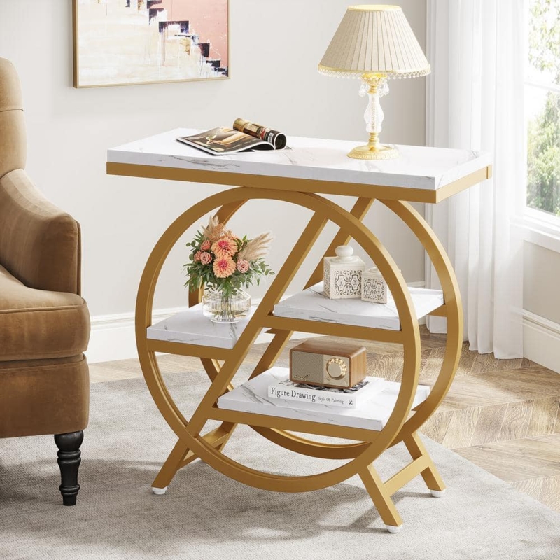 End Table with Gold Circular Frame and Marble Veneer Shelves