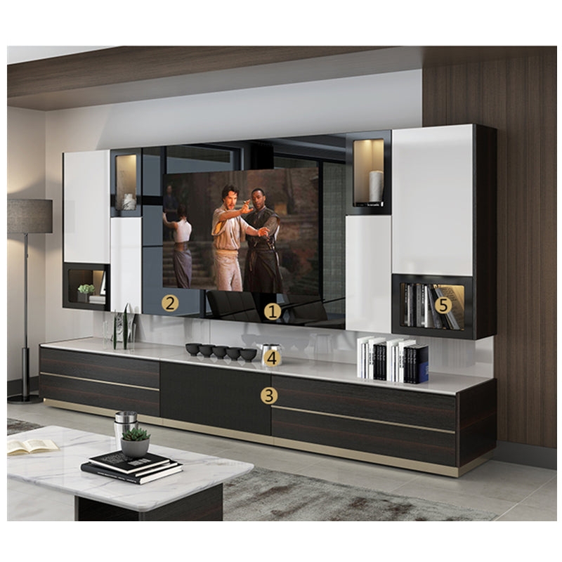 Entertainment Center Glossy White with Gold Base Trim and Lighting