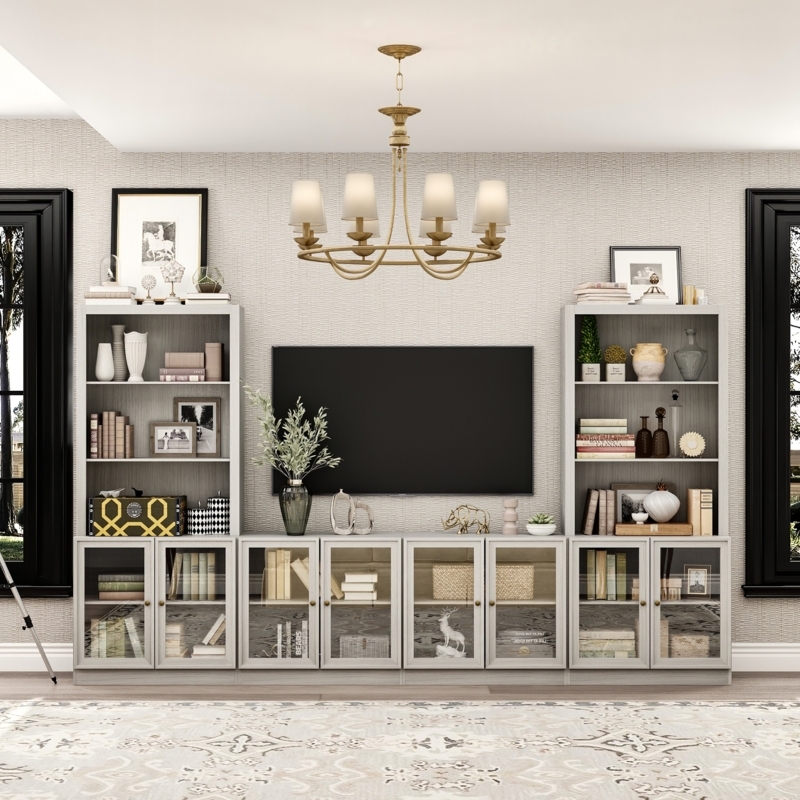 Entertainment Center Light Gray Glass Doors Symmetrical Wall Unit