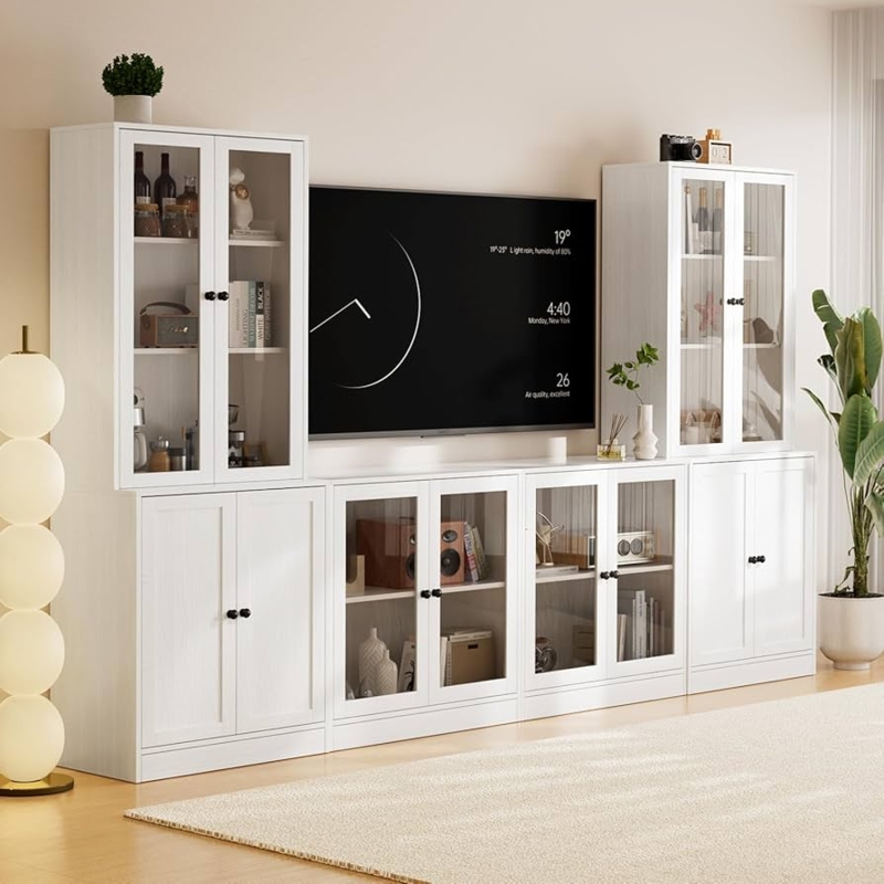 Entertainment Center Modular Whitewashed White Glass Doors