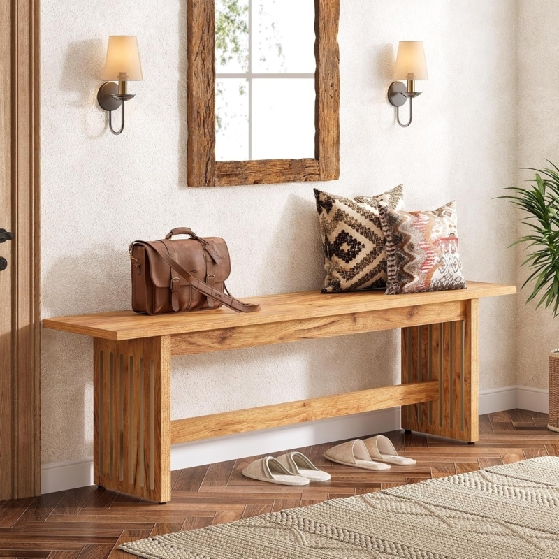 Entry Bench Honey Oak with Slatted Panel Legs and Stretcher Bar