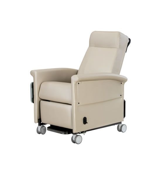 Ergonomic Medical Recliner, Warm Beige Upholstery, Push Handle, Casters.