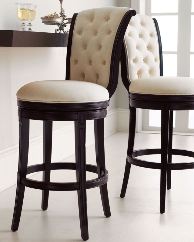 Espresso and Cream Swivel Stools Scroll Back Button Tufted Traditional.